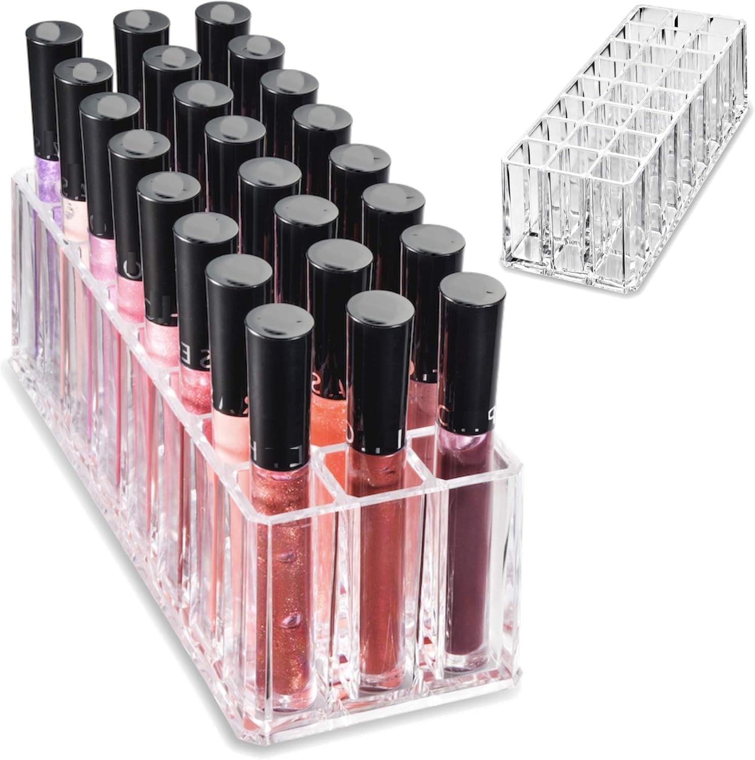 Acrylic Lip Gloss Organizer & Beauty Makeup Holder | 24 Space Organization Container Storage for Tall Lip Gloss / Lipstick Products - Clear